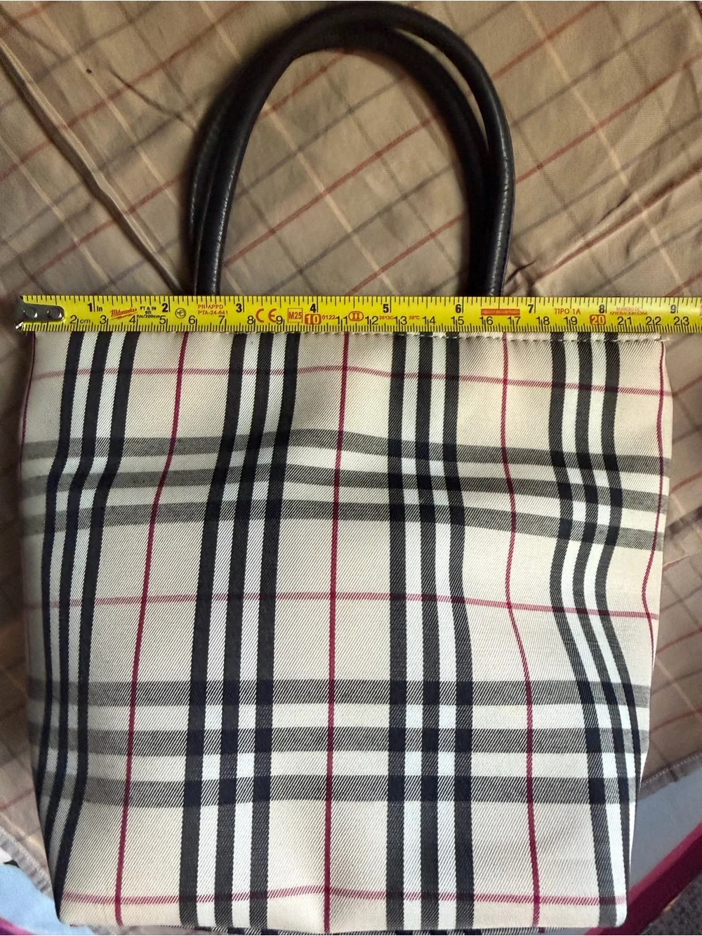 Burberry Beige Plaid Tote with Black Handles